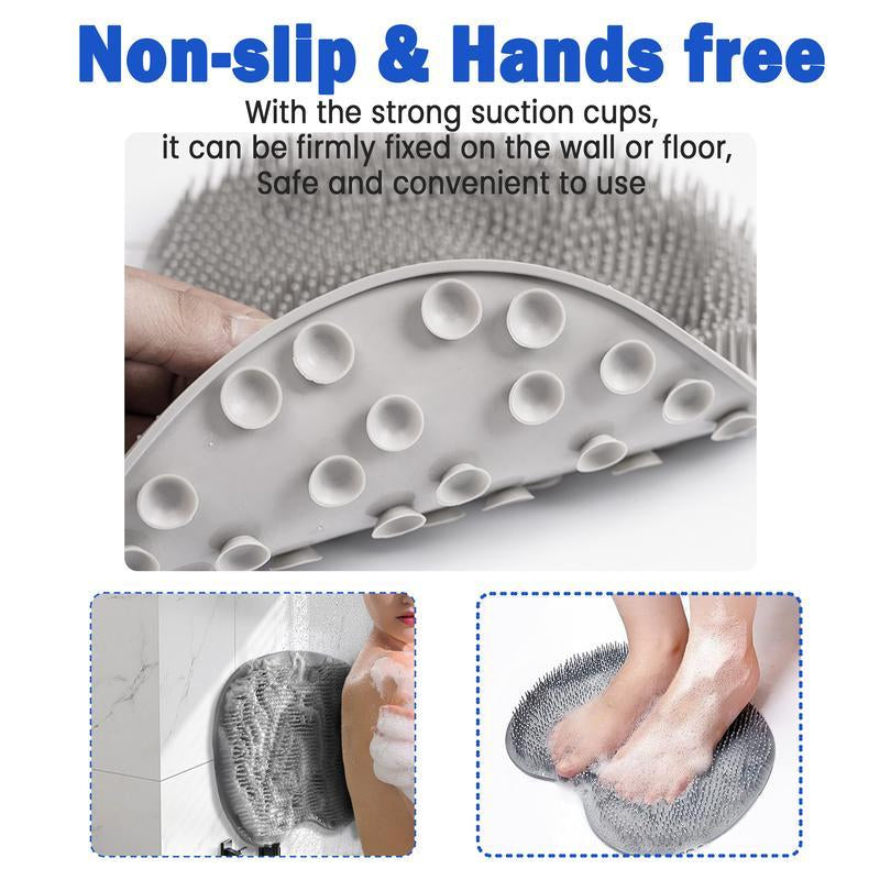 Silicone Shower Foot Scrubber Mat,Back & Feet Cleaning Pad,Shower Massage Soft Bristles Exfoliating Scrubber Brush,Wall Mounted Slip Suction Cups for Use,Bathroom Bathing Accessories Grey with Compartment(S) and More